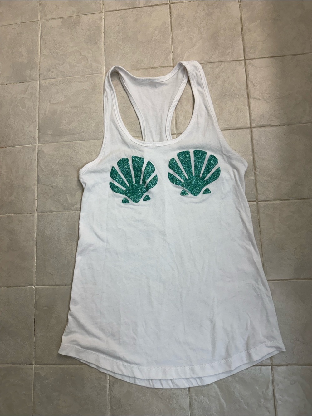 Source Unknown White Tank Top with Teal Glitter Shells